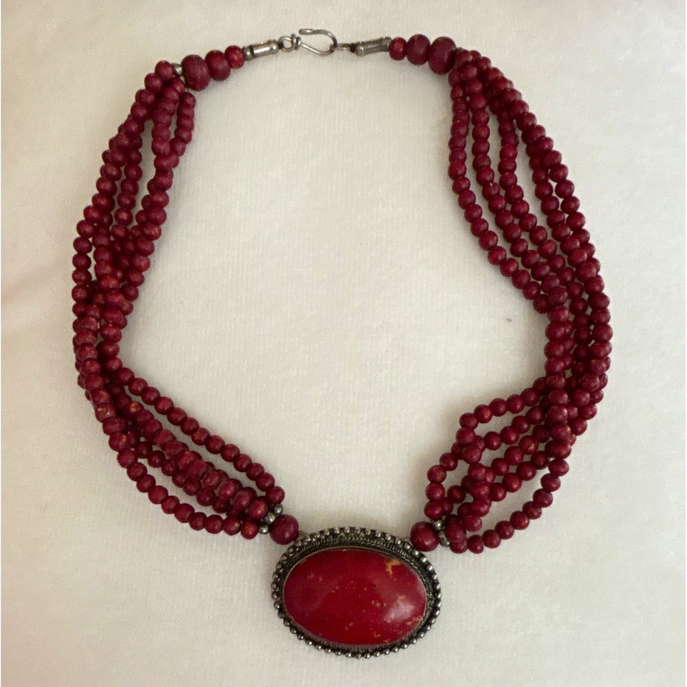 Vintage Multi Strand Red Bead Statement Necklace Oval Stone Pendant Silver Tone
